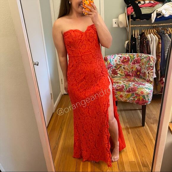 Fame and Partners Red Lace Strapless Maxi Dress Small - Picture 12 of 12